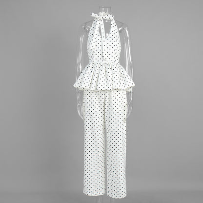 Polka-dot Print Elegant Halterneck Jumpsuit With Wide-leg Pants Set