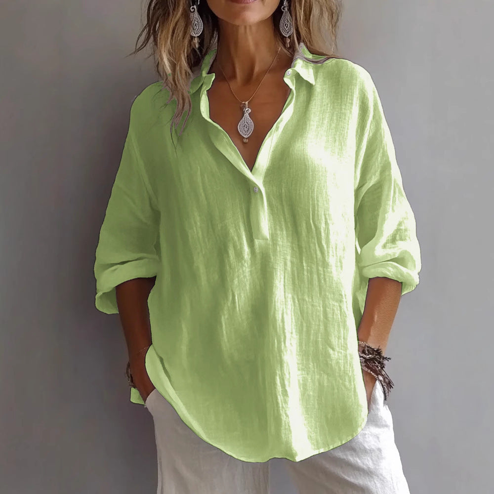 Fashion Long-sleeved Lapel Pullover Shirt Casual Loose Solid Color T-shirt Tops Women's Clothing