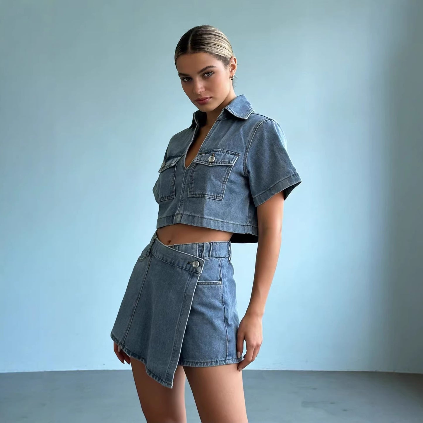 Workwear Denim Jumpsuit Skirt Womens Summer V-Neck Short-Sleeve Top Summer Womens Chic Irregular Style
