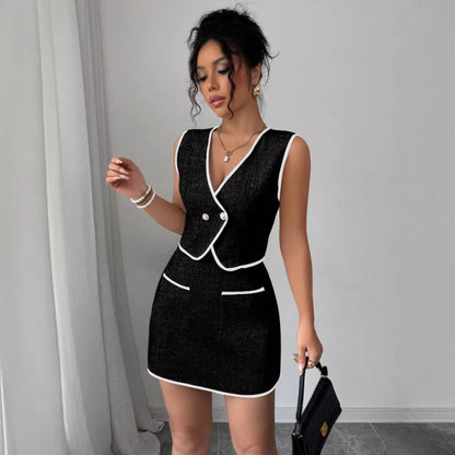 Women's Casual Sleeveless Irregular Top And Color-Block Pocket A-Line Skirt Set
