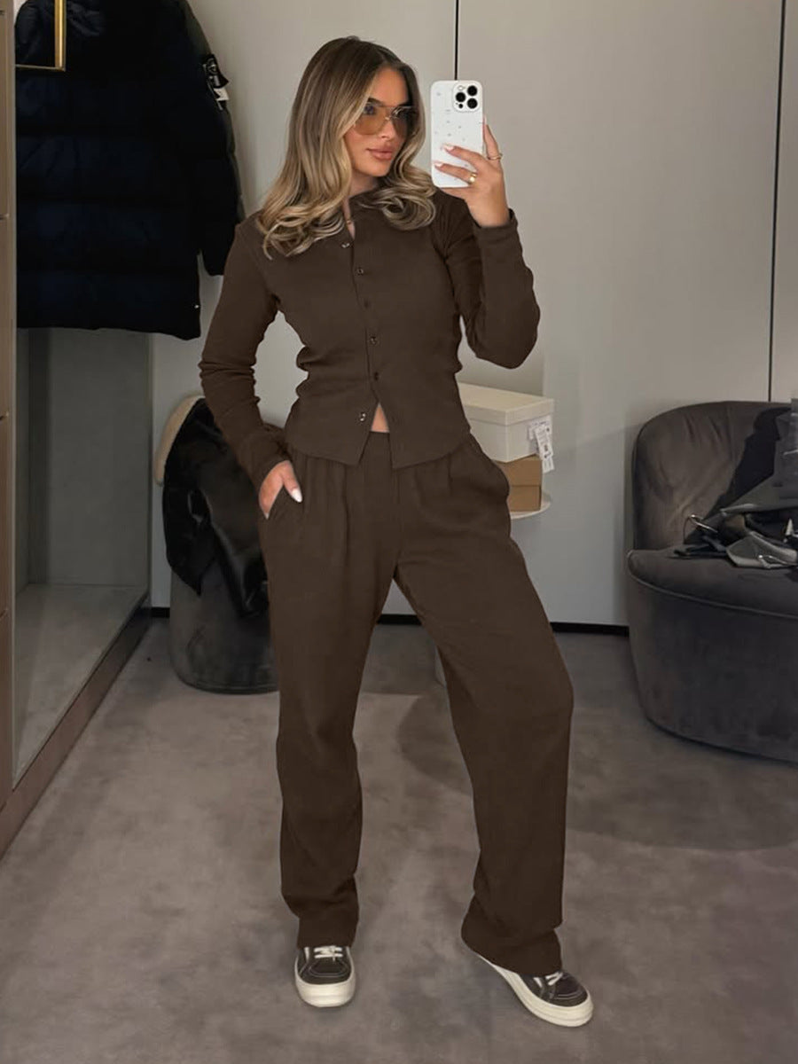 Half-high-neck Rib-knit Long-sleeve Cardigan And Button-front Trousers Set