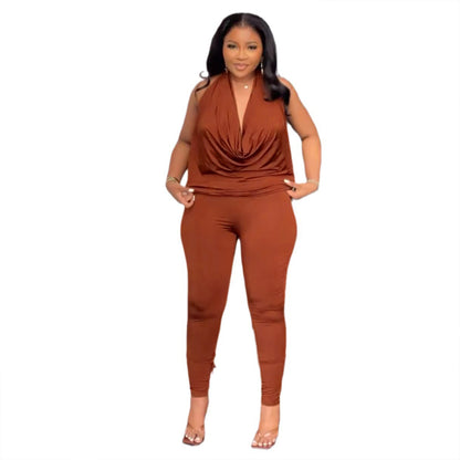 Women's Solid-Color Stretch Halterneck Casual Set
