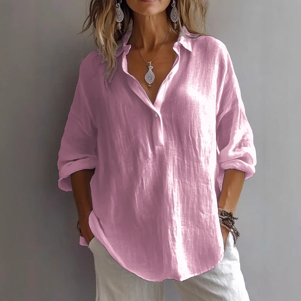 Fashion Long-sleeved Lapel Pullover Shirt Casual Loose Solid Color T-shirt Tops Women's Clothing
