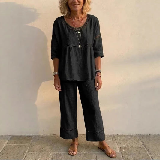 Casual Commuter Comfortable Loose Crew-Neck Linen Set