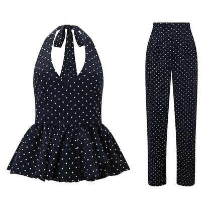 Polka-dot Print Elegant Halterneck Jumpsuit With Wide-leg Pants Set