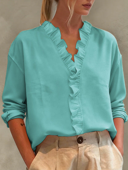 Womens Casual Long-sleeve V-neck Blouse With Lace Trim