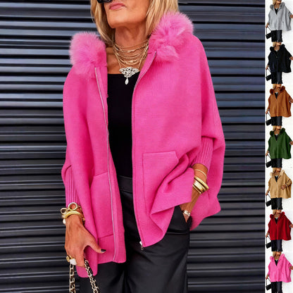 Ins Plush Hooded Cardigan Fashion Warm Pockets Zip-up Knitted Jacket Casual Outerwear Batwing Sleeve Sweater Women's Clothing
