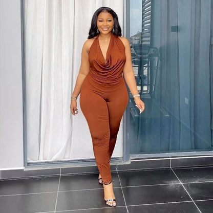 Women's Solid-Color Stretch Halterneck Casual Set