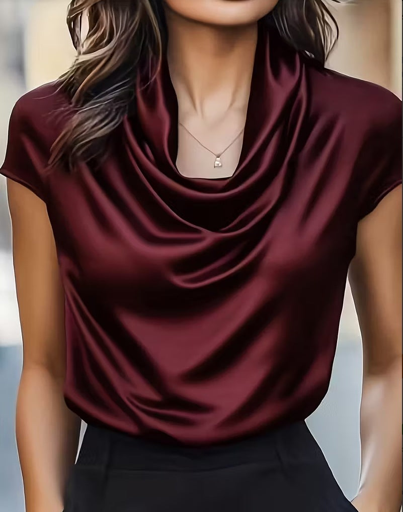 Womens Solid-color Boat-neck Drapey Short-sleeve Top