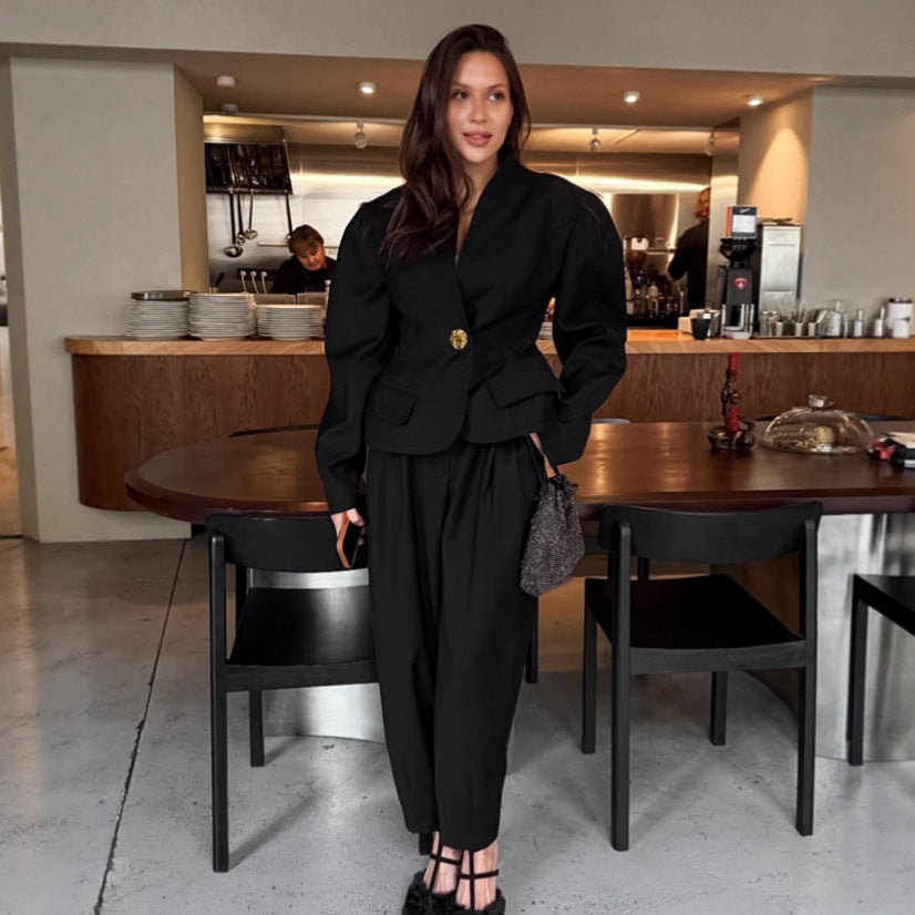 Elegant Puff-Sleeve Blazer And Pants Black Suit Set