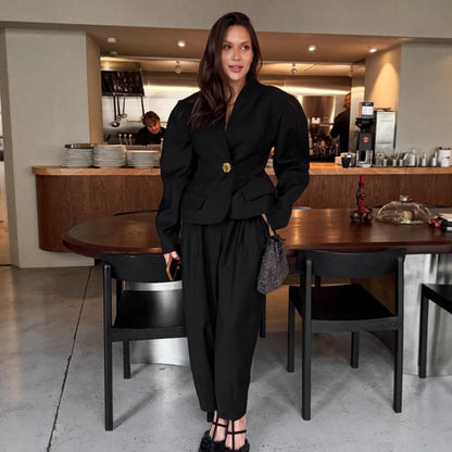 Elegant Puff-Sleeve Blazer And Pants Black Suit Set