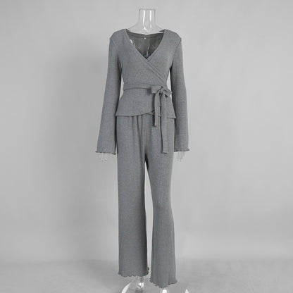V-neck Knitted Ribbed Lace-up Long-sleeve Pants Two-piece Set