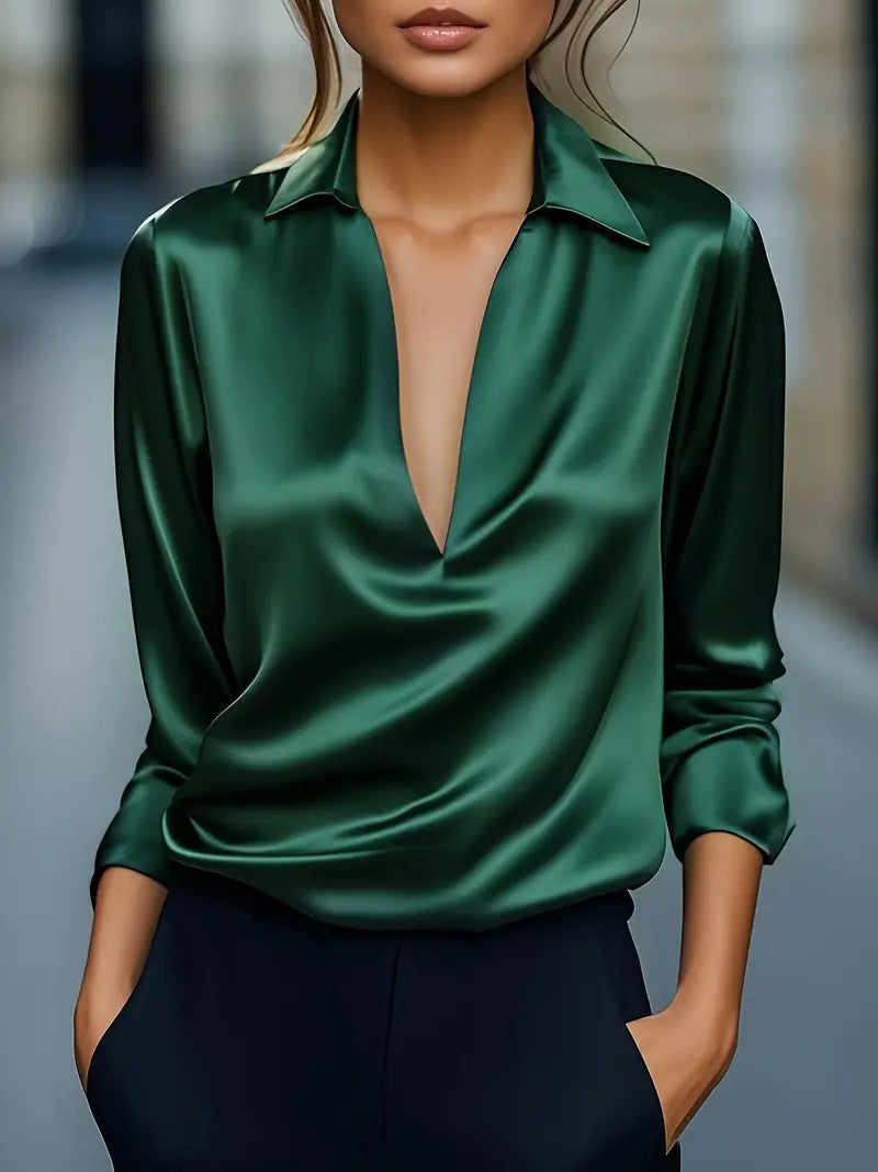 Solid Color Simple V-neck Shirt Long Sleeve Shirt