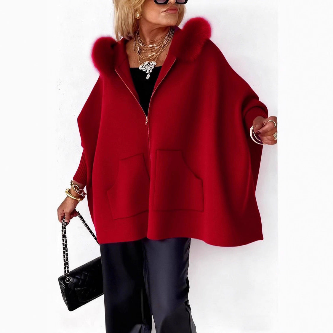 Ins Plush Hooded Cardigan Fashion Warm Pockets Zip-up Knitted Jacket Casual Outerwear Batwing Sleeve Sweater Women's Clothing