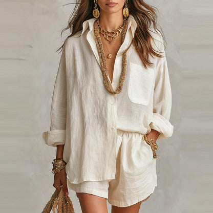 Fashionable Solid-Colored Shorts And Shirt Set