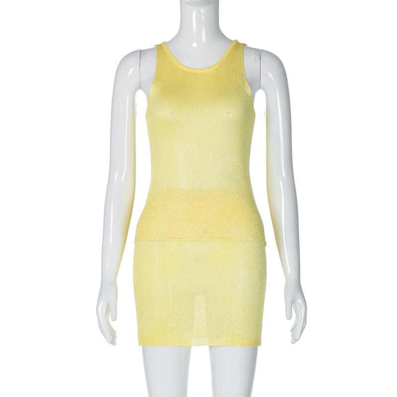 Fashionable Crew-Neck Sleeveless Top And Sexy Midi Skirt Knit Set