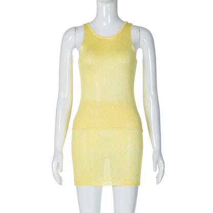 Fashionable Crew-Neck Sleeveless Top And Sexy Midi Skirt Knit Set