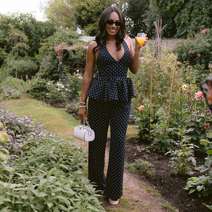 Polka-dot Print Elegant Halterneck Jumpsuit With Wide-leg Pants Set