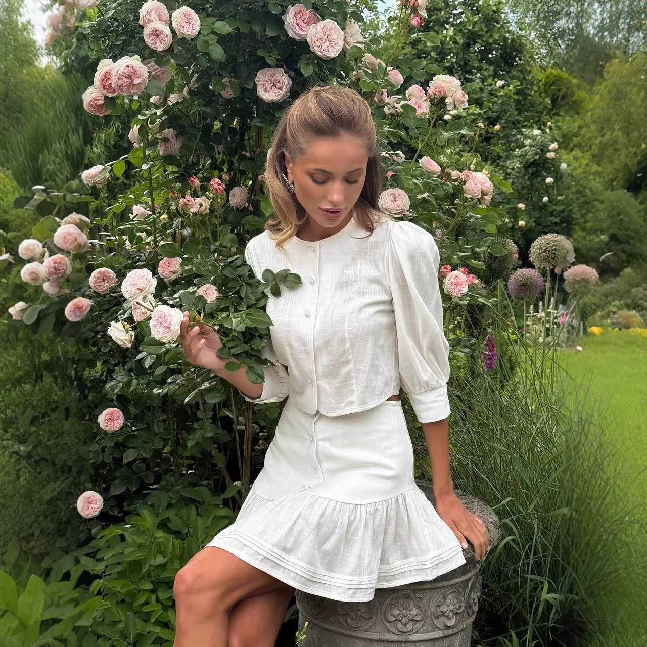 Puff-sleeve Cropped Top With A Patchwork A-line Design