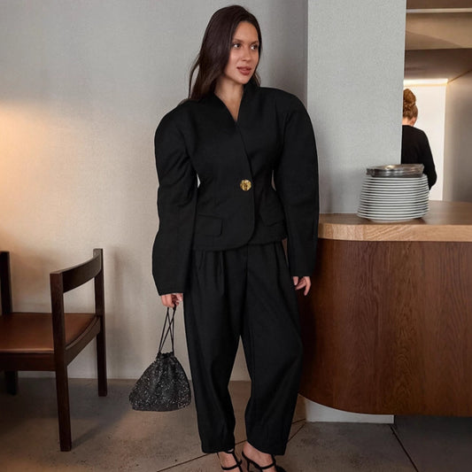 Elegant Puff-Sleeve Blazer And Pants Black Suit Set