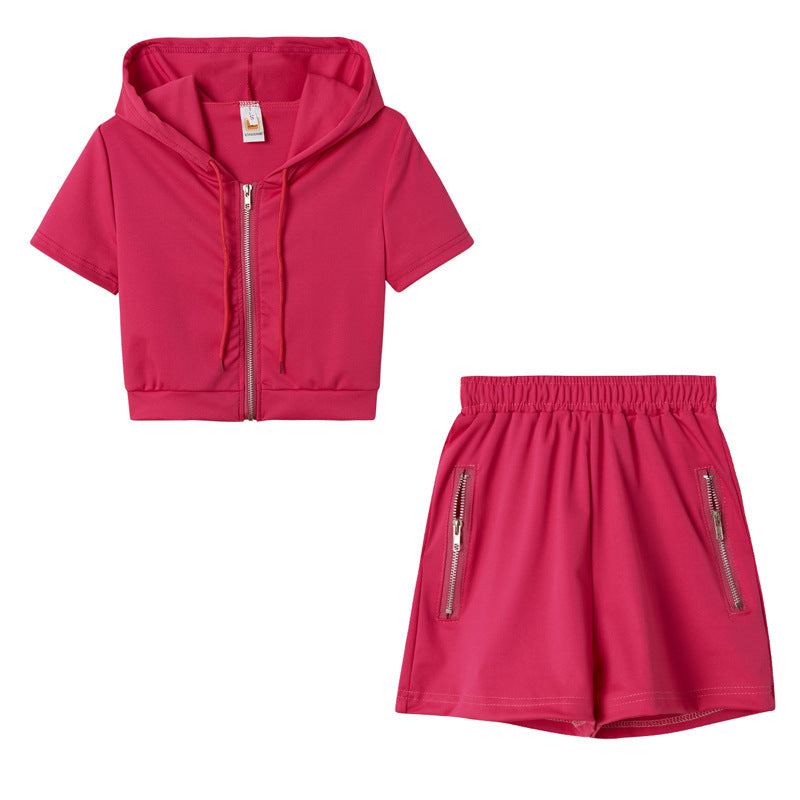 European And American Style Solid Color Sporty Casual Two-Piece Set With Hood And Zipper