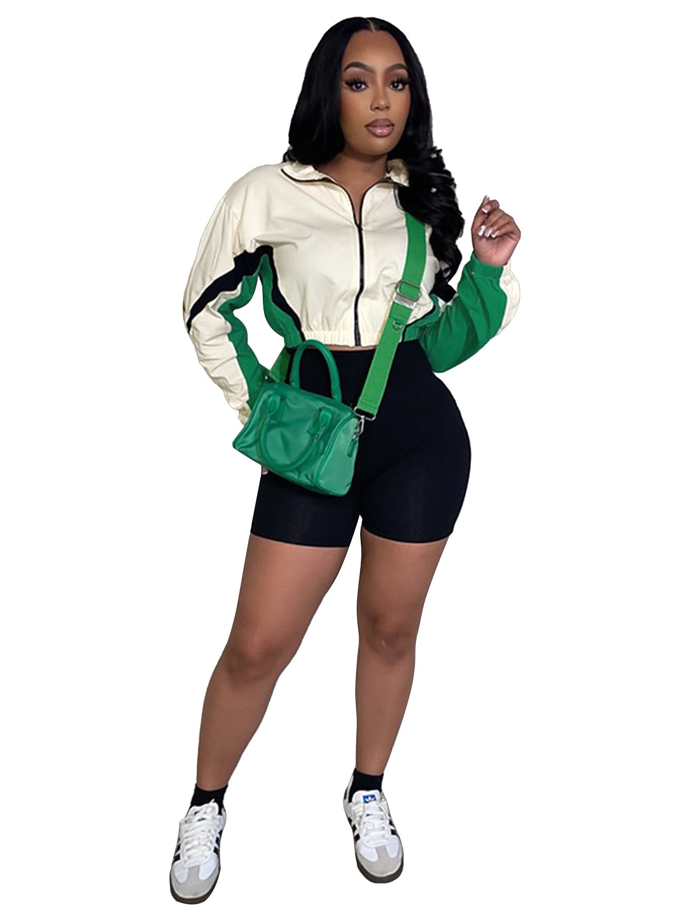 European And American Style Fashionable Womens Patchwork Contrasting Color Zippered Shorts Sports Two-Piece Set