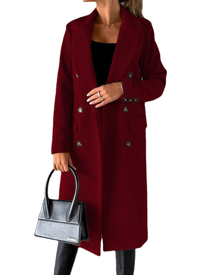 Double Breasted Lapel Coat Winter Fashion Solid Slim Long Jacket Long Sleeve Tops Womens Clothing
