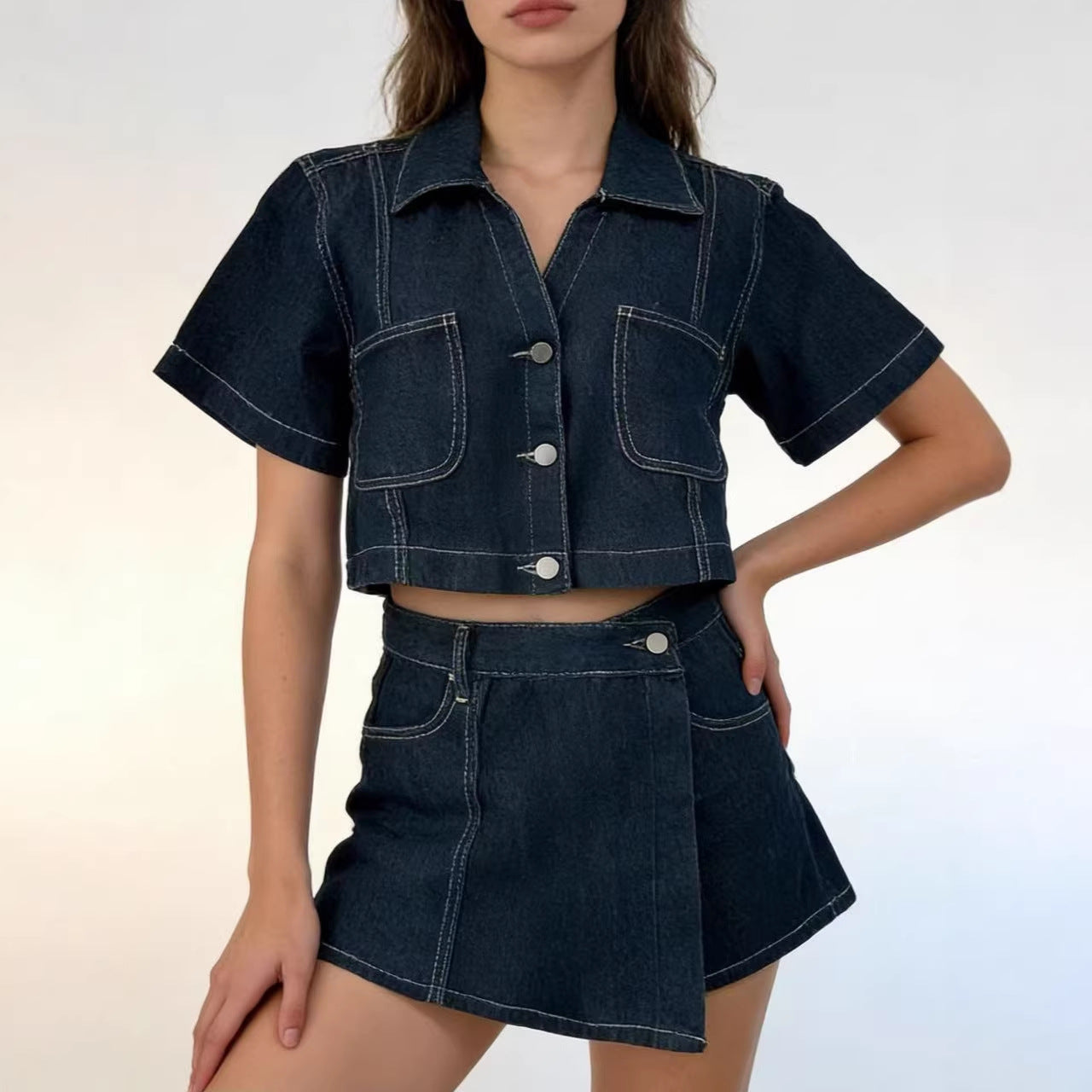 Denim Shirt And Skort Set Stylish Two-Piece Summer Loose And Comfortable Denim Outfit