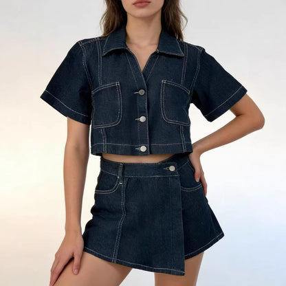 Denim Shirt And Skort Set Stylish Two-Piece Summer Loose And Comfortable Denim Outfit
