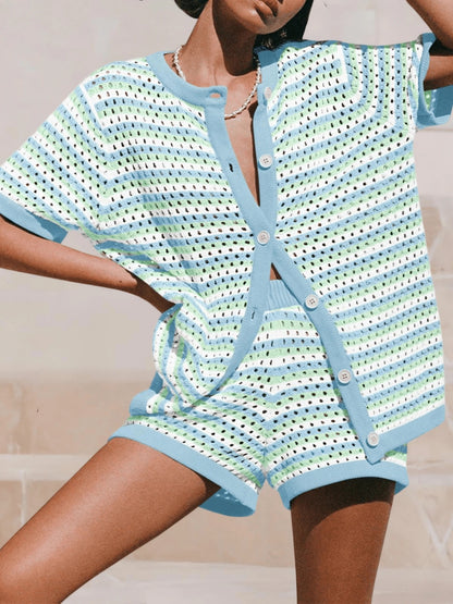 Spring Summer New Womens Knitted Colorblock Striped Short-Sleeve Two-Piece Set