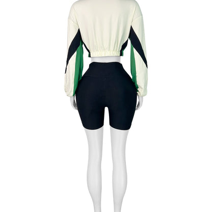 European And American Style Fashionable Womens Patchwork Contrasting Color Zippered Shorts Sports Two-Piece Set
