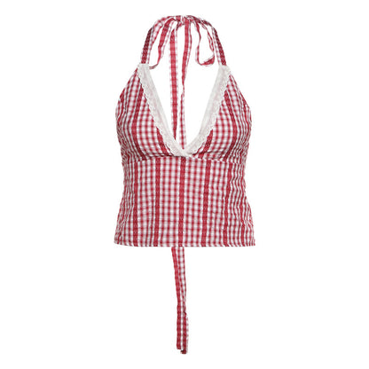 New Deep-V Korean-style Fashionable Camisole Top And High-waisted Plaid Shorts Set