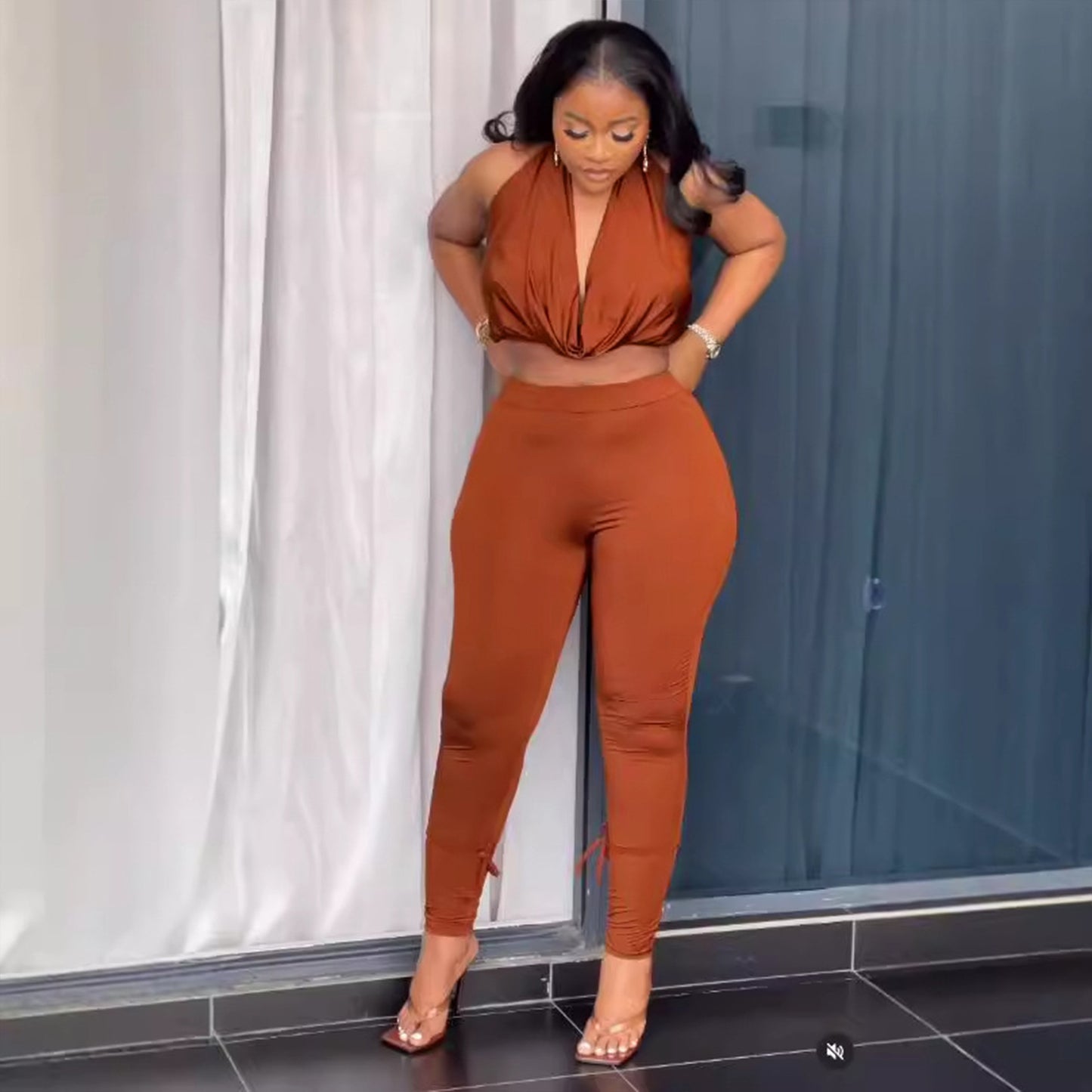 Women's Solid-Color Stretch Halterneck Casual Set