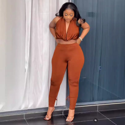 Women's Solid-Color Stretch Halterneck Casual Set
