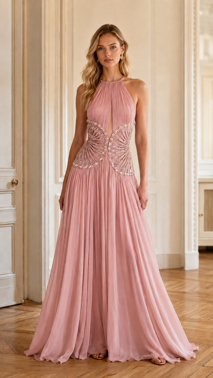 Champagne Beaded Halter Evening Gown