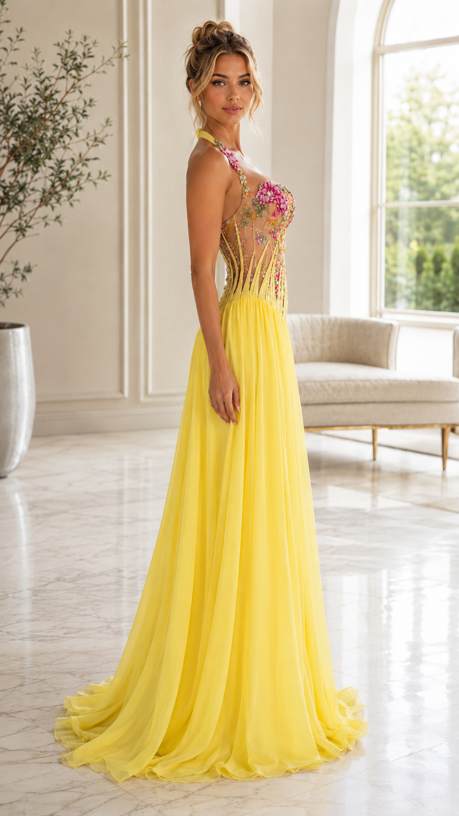Floral Appliqué Halter Evening Gown