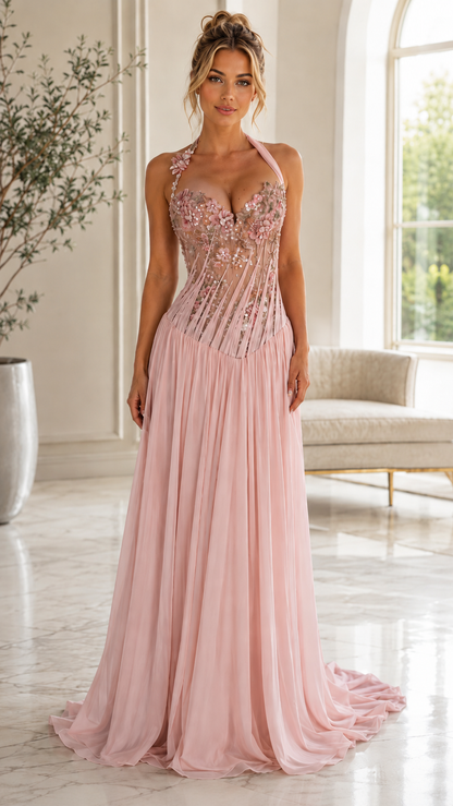 Floral Appliqué Halter Evening Gown
