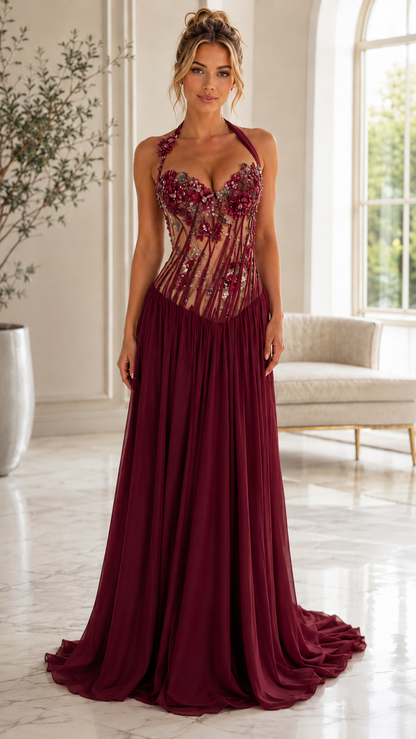 Floral Appliqué Halter Evening Gown