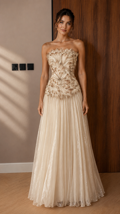 Ivory Floral Appliqué Strapless Evening Gown