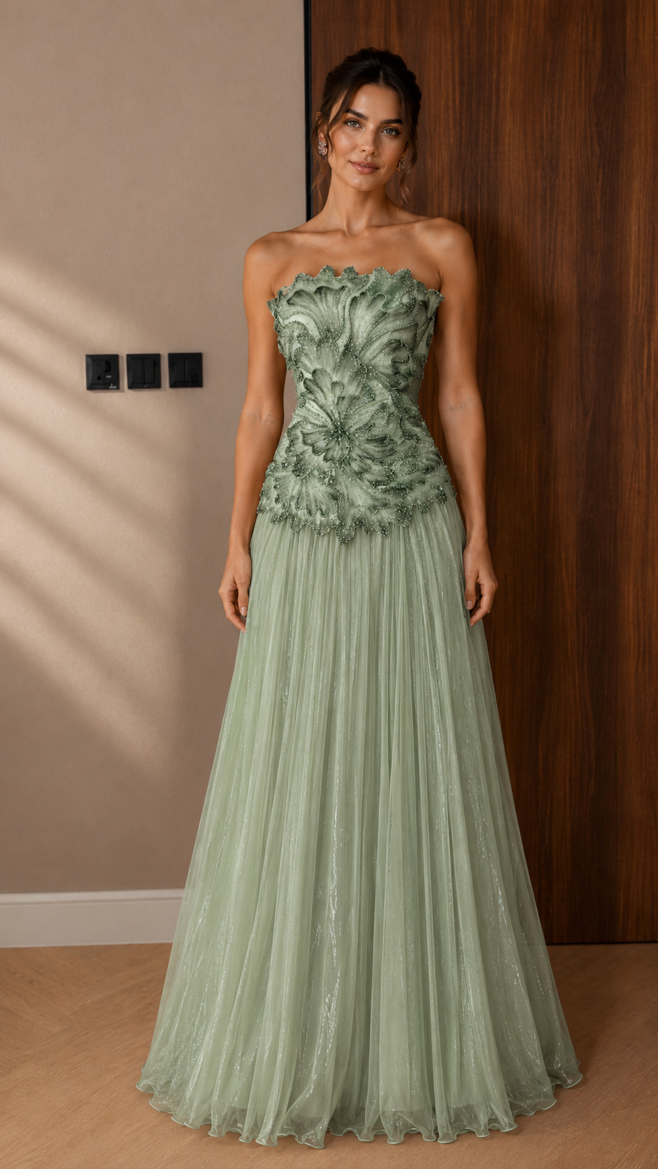 Ivory Floral Appliqué Strapless Evening Gown