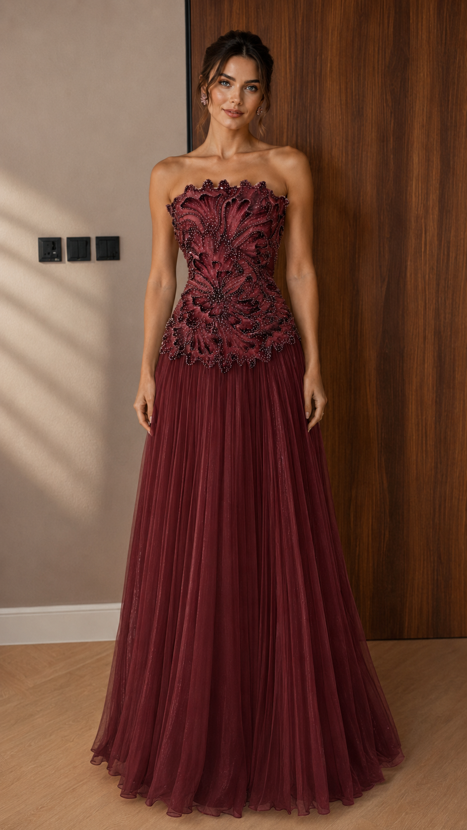 Ivory Floral Appliqué Strapless Evening Gown