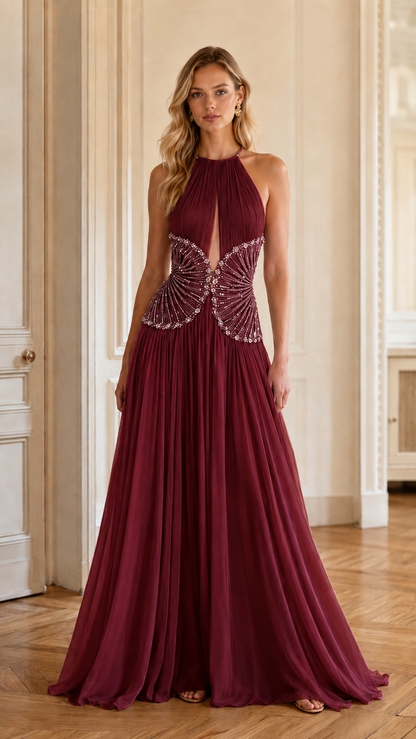 Champagne Beaded Halter Pleated Evening Gown
