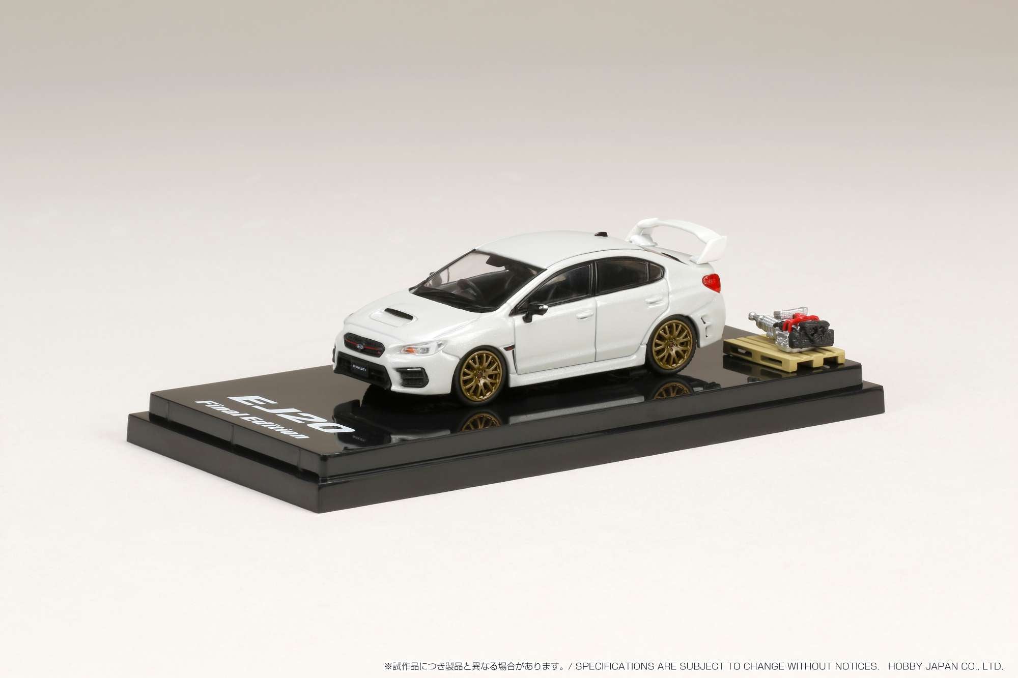 Hobby Japan 1:64 Subaru WRX STI EJ20 Final Edition With Engine Display Model in Crystal White Pearl