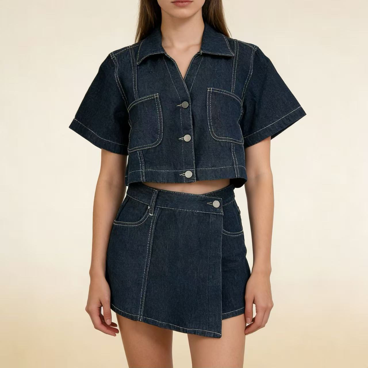 Denim Shirt And Skort Set Stylish Two-Piece Summer Loose And Comfortable Denim Outfit
