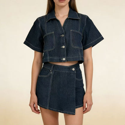 Denim Shirt And Skort Set Stylish Two-Piece Summer Loose And Comfortable Denim Outfit
