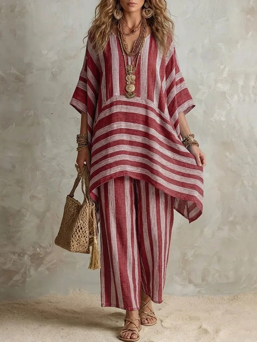 Bohemian Striped Poncho Two-Piece Set