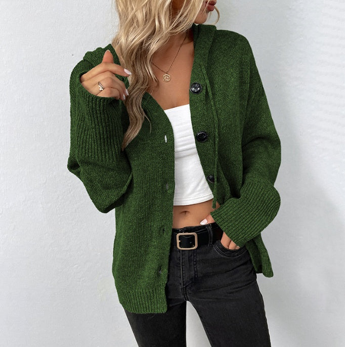 Ins Single-breasted Hooded Sweater Women's Solid Color Cardigan Coat Clothing