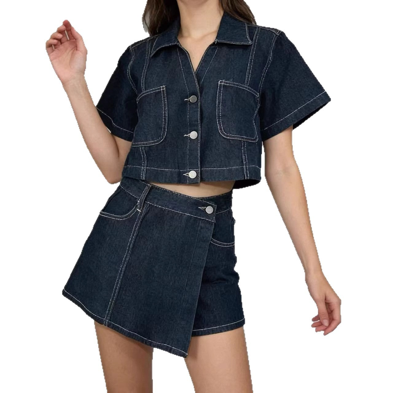Denim Shirt And Skort Set Stylish Two-Piece Summer Loose And Comfortable Denim Outfit