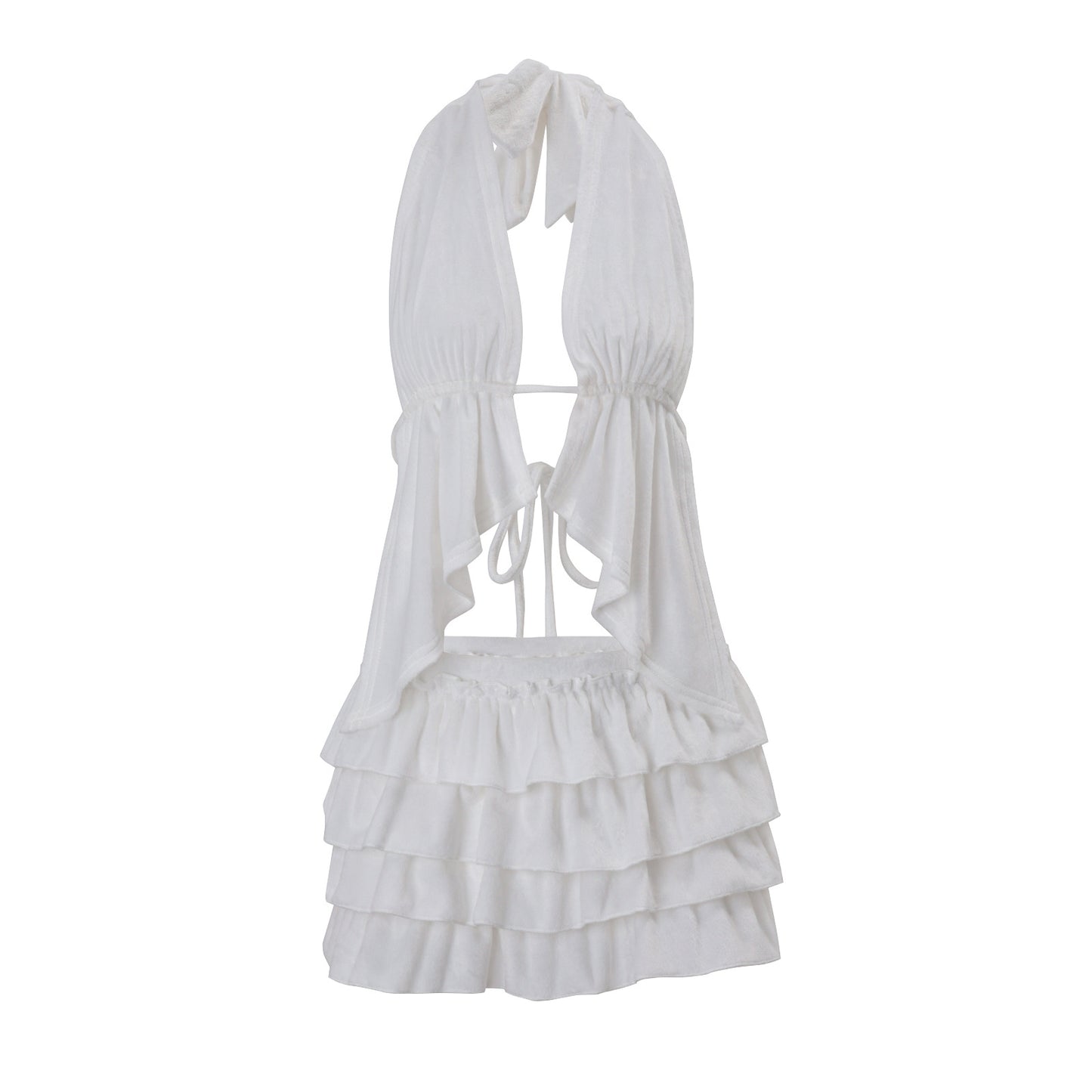 Cardigan Halter Top And Fashionable Tiered Mini Skirt Set