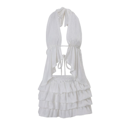 Cardigan Halter Top And Fashionable Tiered Mini Skirt Set